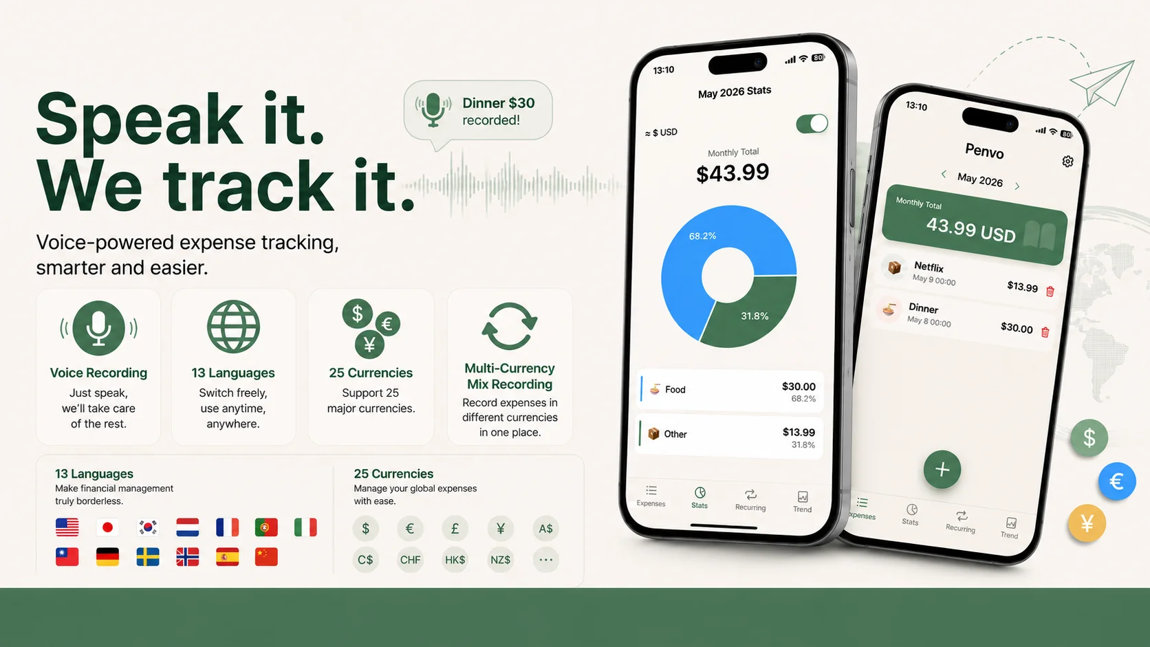 AI voice expense tracker on iPhone — log expenses hands-free with Penvo